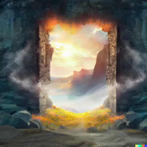 DALL·E 2022 10 25 17.05.41   Colorful mist and smoke explosions as a Portal to another dimension as a big open gate in a wall and behind are the tops of the mountains with a sunri gigapixel low_res scale 6_00x
